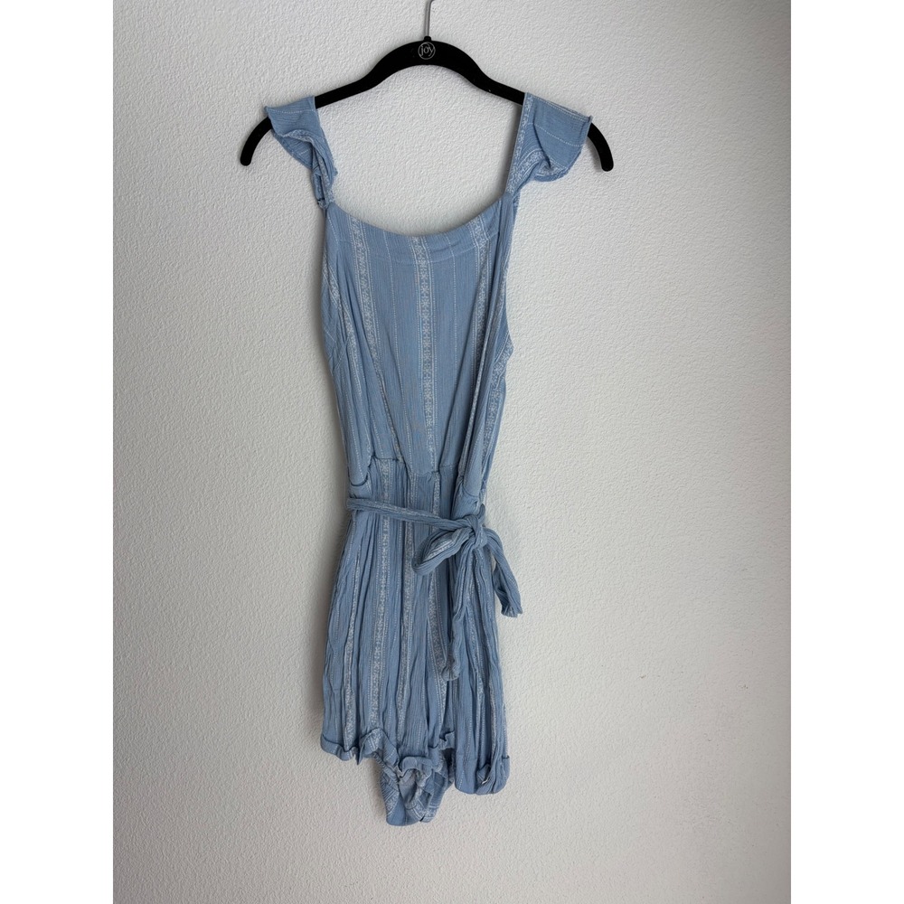 Amaryllis Blue White Striped Ruffle Strap Tie Waist Romper Small Boho Summer